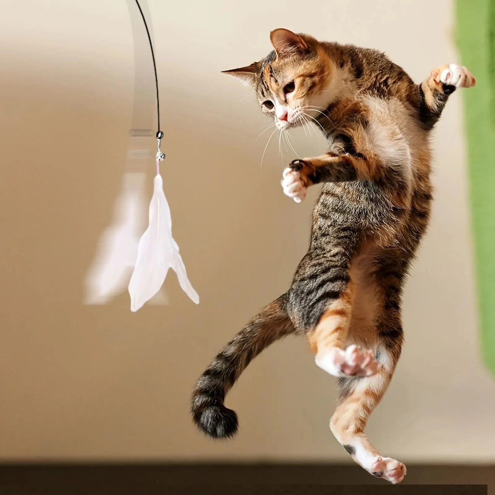 Interactive Cat Teaser Toy with Bell & Feather Wand – Long Suction Cup Pole for Active Playtime Fun