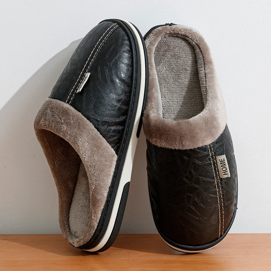 Men's Waterproof PU Leather Slippers – Big Size Indoor Fur-Lined House Shoes