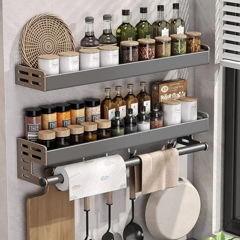 Multi-Functional Wall-Mounted Kitchen Storage Rack | Metal Seasoning & Condiment Organiser