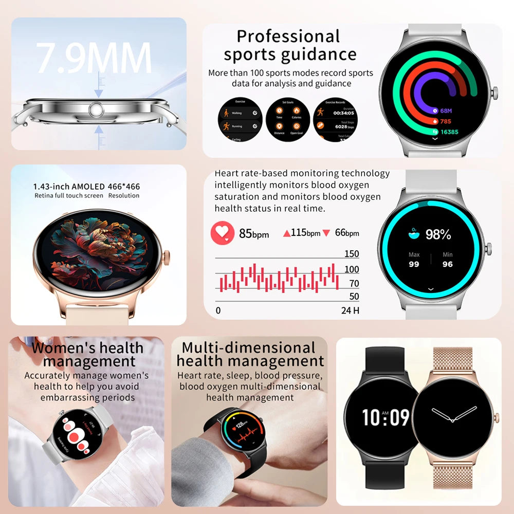 Ultra Thin Smart Watch Women 1.43 Inch AMOLED Screen Bluetooth Call Fashion Fitness Smartwatch