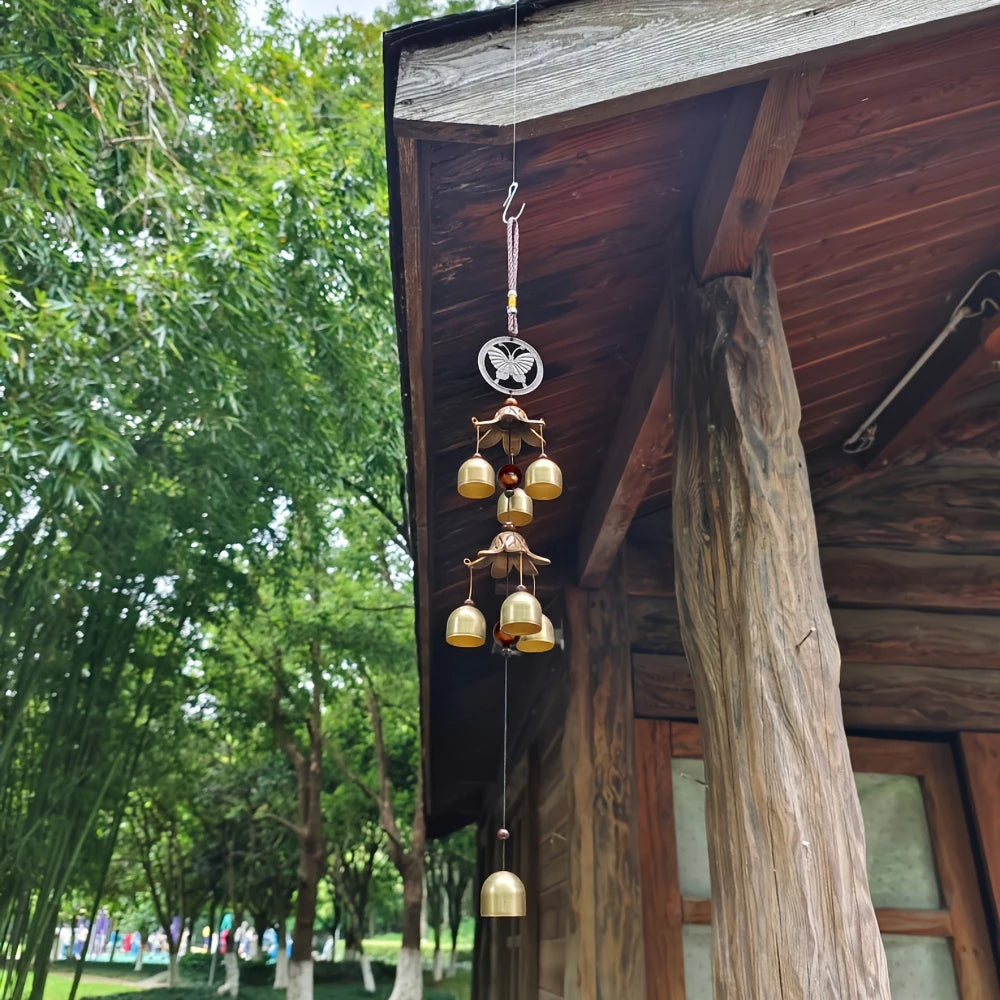 Double Metal Bell Pendant Wind Chime Brass Colour Hanging Decor for Home Patio Garden Wall