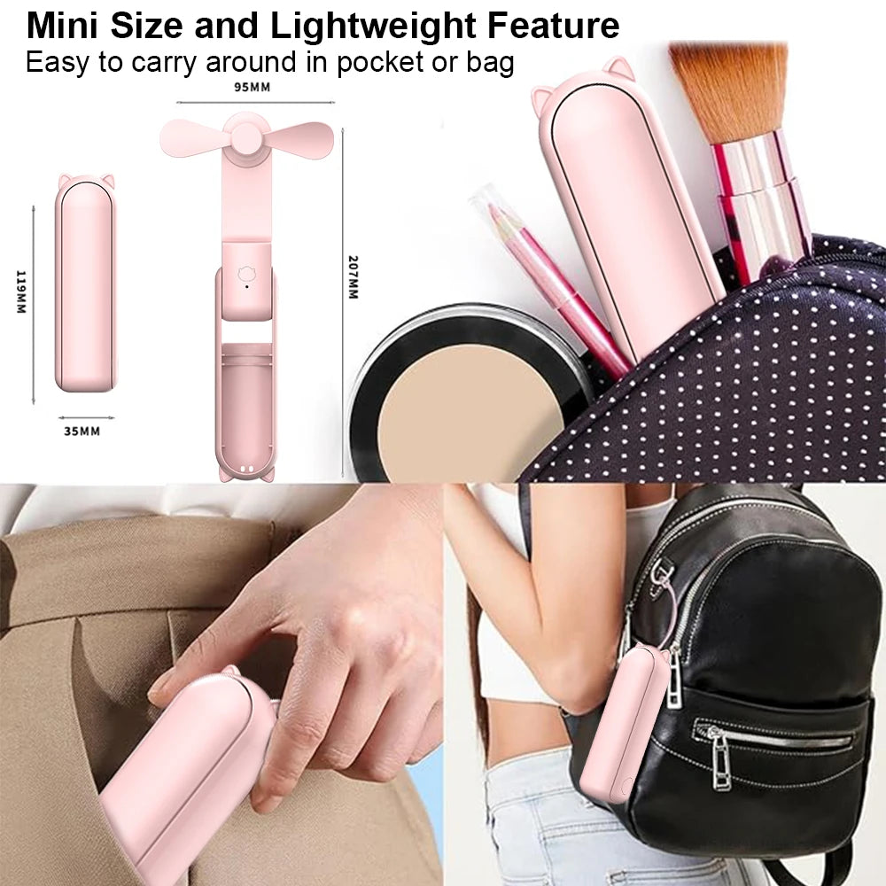 Portable USB Rechargeable Fan 2000mAh 3 Speed Mini Handheld Foldable Pocket Travel Fan with Power Bank
