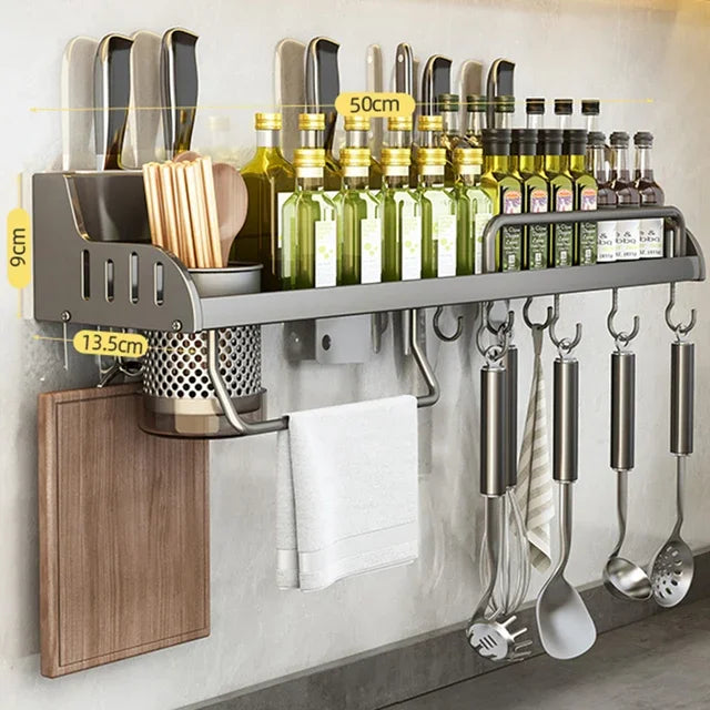 Multifunctional Kitchen Storage Rack Wall-Mounted Spice Holder Cutting Board & Utensils Organiser