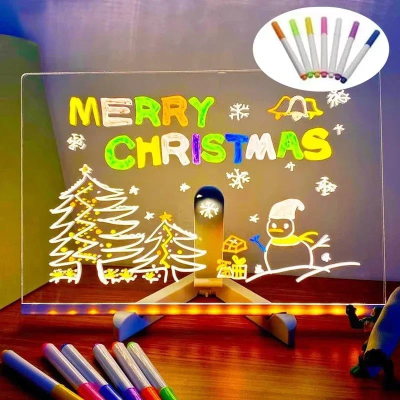 Magic LED glow drawing board for kids with acrylic memo pad, 7 colour markers pens and stand