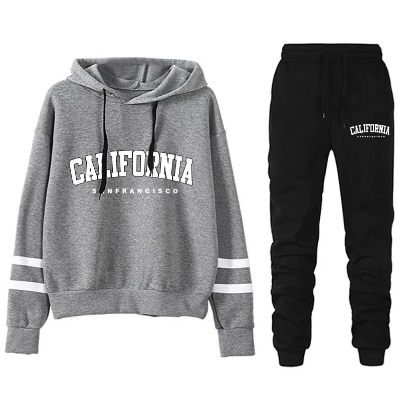 CALIFORNIA Women’s Tracksuit Casual Stripe Hooded Sweatshirt & Pants Set Sportswear S-3XL