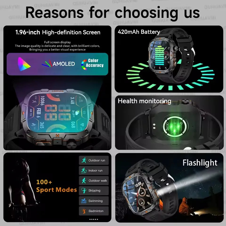 GUHUAVMI 2025 military grade smart watch men 1.96" amoled 5atm waterproof fitness tracker calls