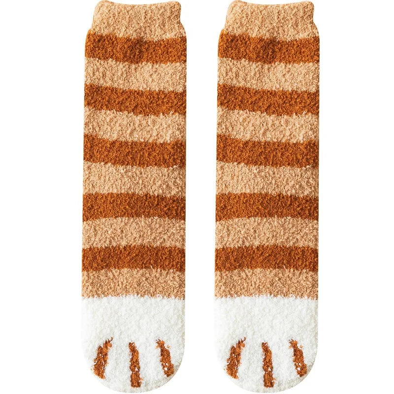 Autumn Winter Coral Velvet Cat Claw Socks – Warm Middle Tube Sleep & Floor Socks for Women Girls