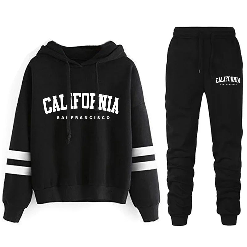 CALIFORNIA Women’s Tracksuit Casual Stripe Hooded Sweatshirt & Pants Set Sportswear S-3XL