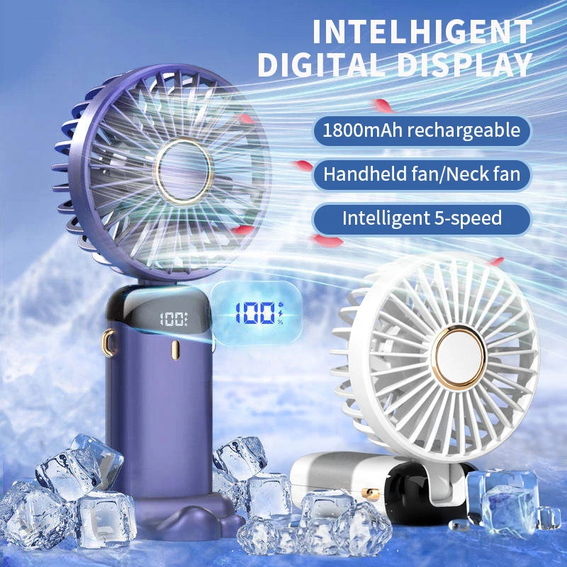 Handheld Mini Fan Foldable Portable Neck Hanging USB Rechargeable 5 Speed Fan with Stand