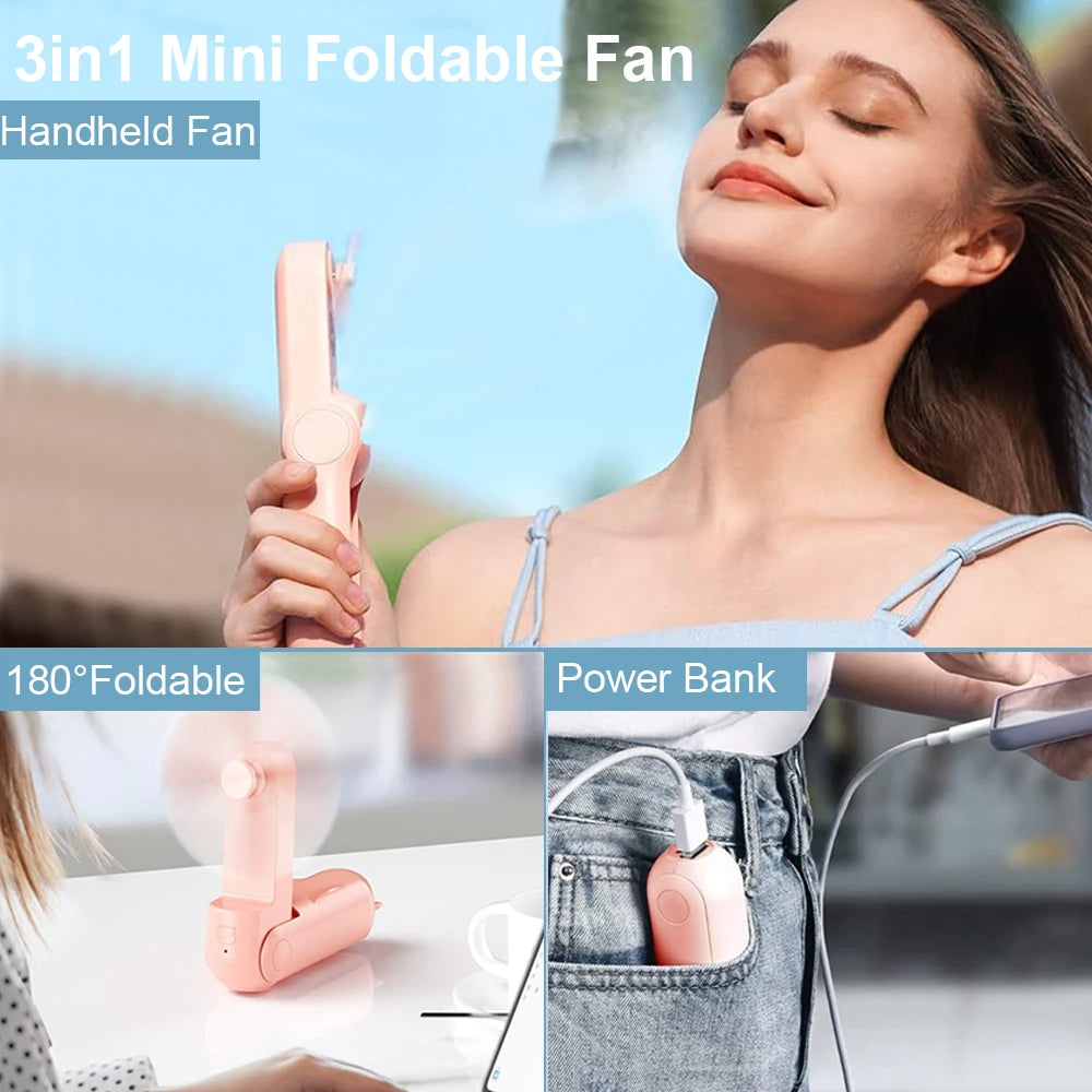 Portable USB Rechargeable Fan 2000mAh 3 Speed Mini Handheld Foldable Pocket Travel Fan with Power Bank