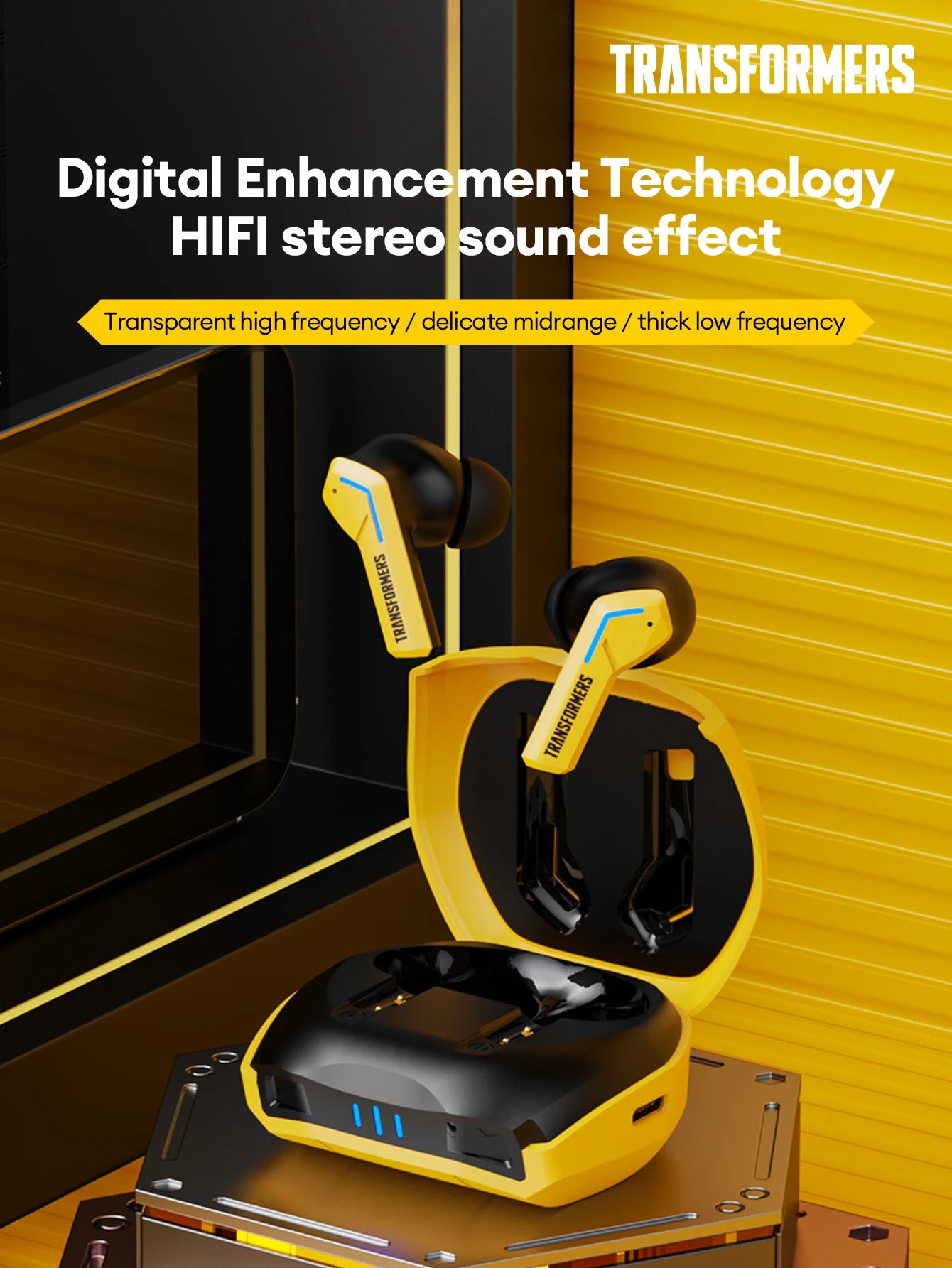 Transformers TF-T06 Bluetooth gaming earbuds with digital enhancement technology and HiFi stereo sound effect.