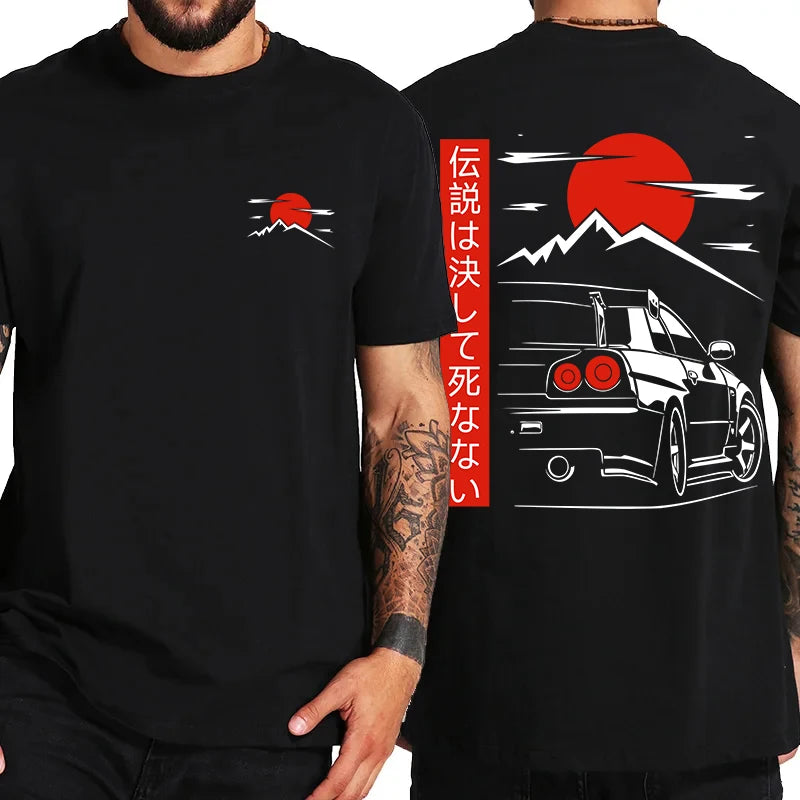 Japanese JDM GTR R34 Racing T-Shirt – Oversized Streetwear Tee for Men | 100% Cotton Back Print
