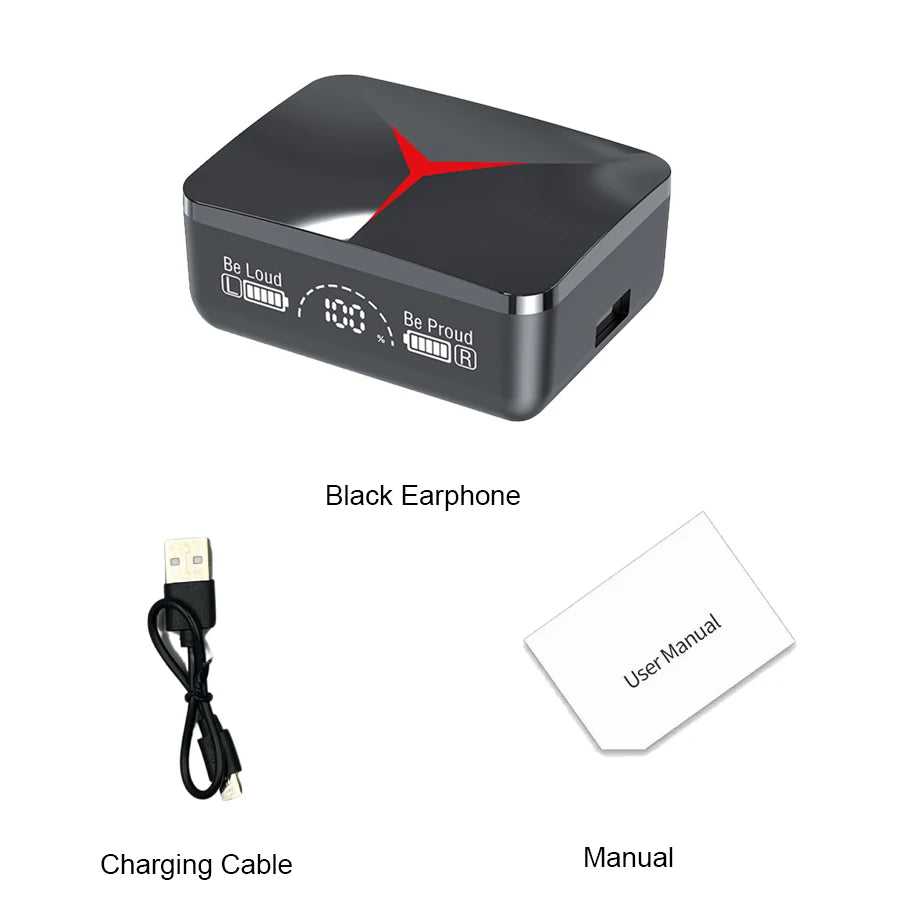 TWS M90 wireless headphones kit includes black earphones, charging cable, and user manual.