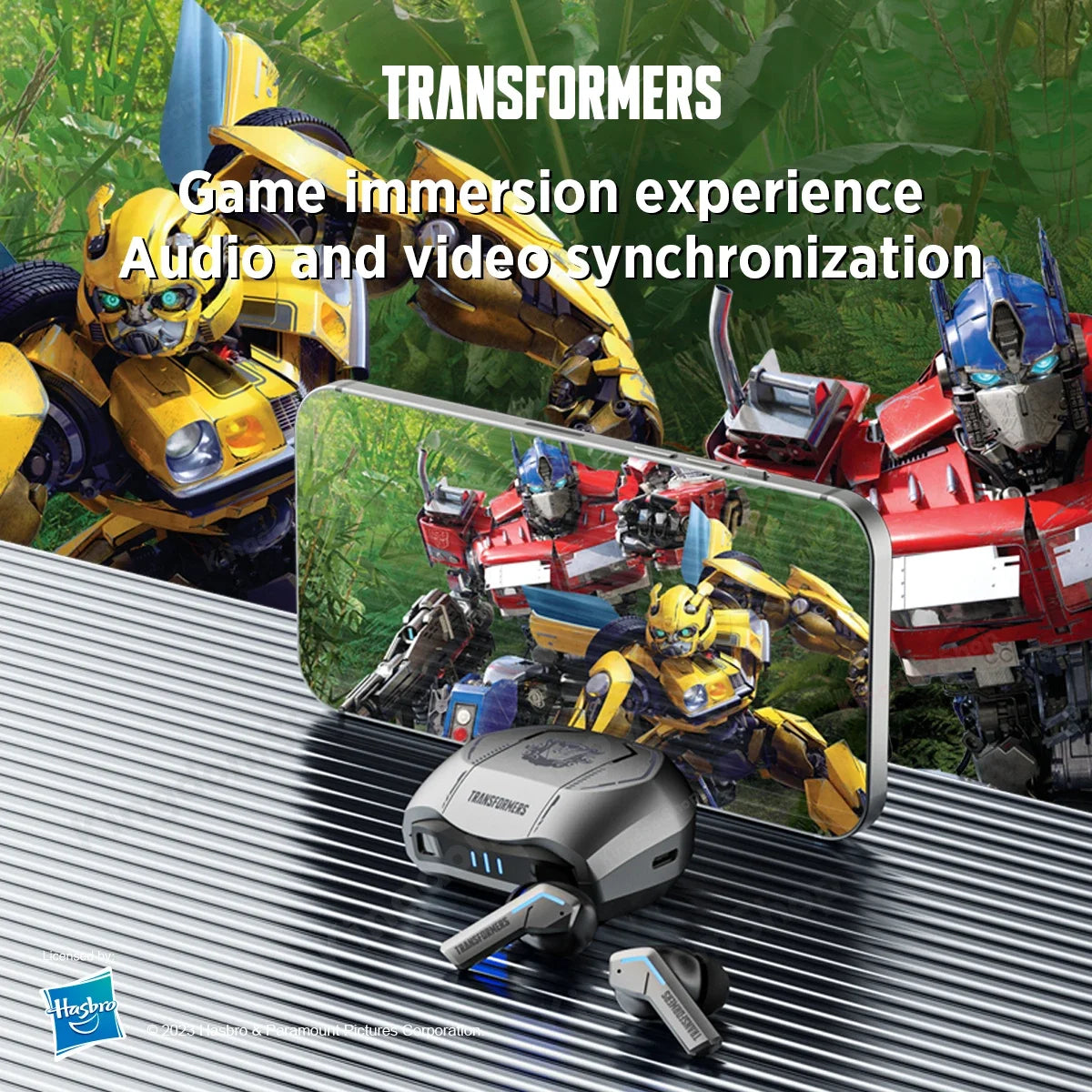 Transformers gaming earbuds with audio/video sync for immersive gameplay experience.