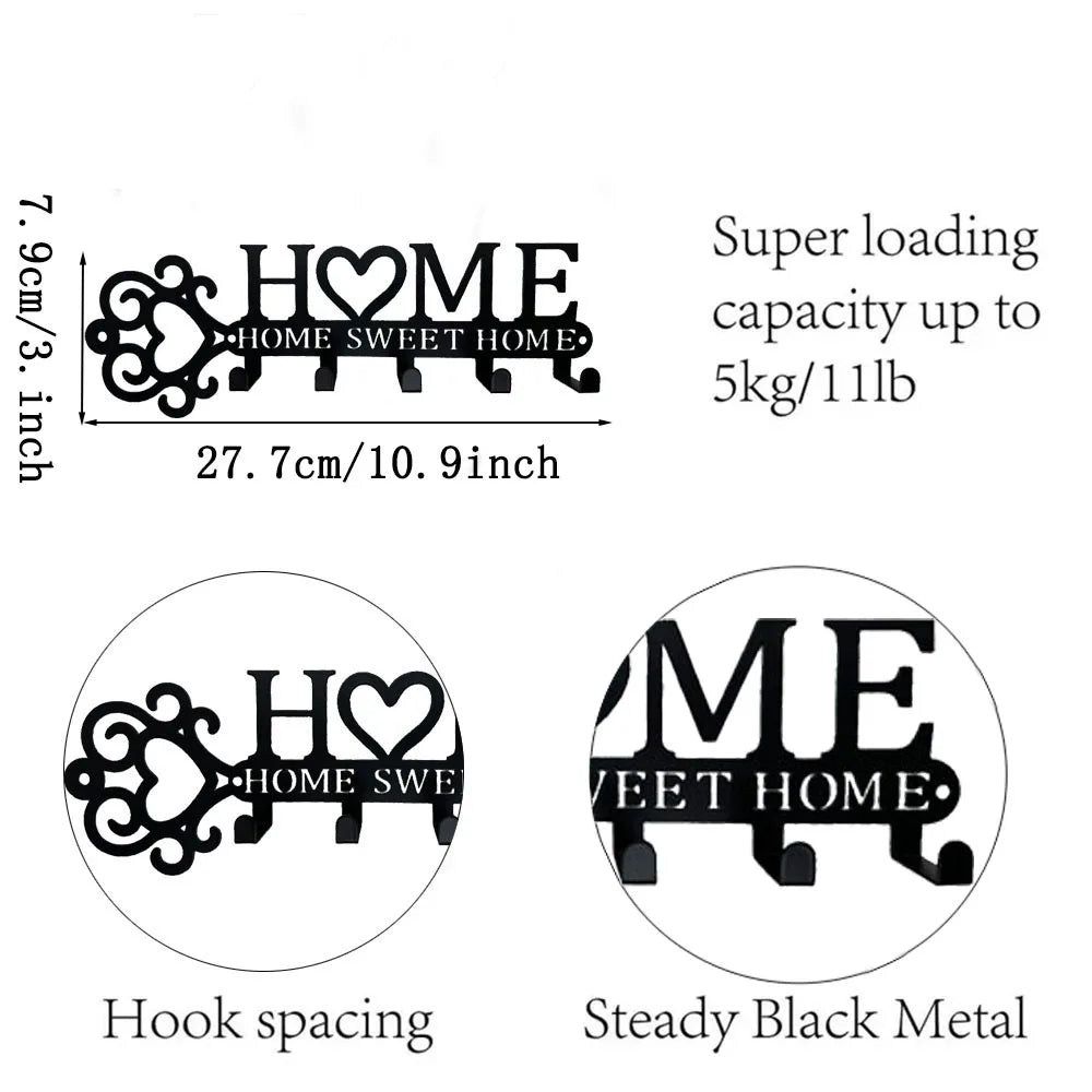 HOME SWEET HOME Metal Wall Hanger with 5 Hooks – Decorative Key, Coat & Towel Rack for Modern Homes