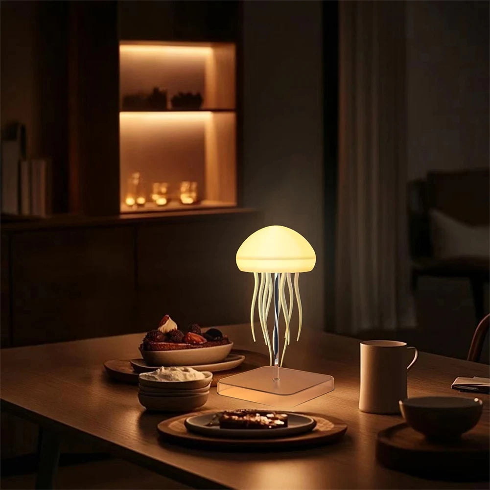 Cartoon Jellyfish LED Night Light RGB Rotating Bedside Lamp Voice Control Table Room Decoration