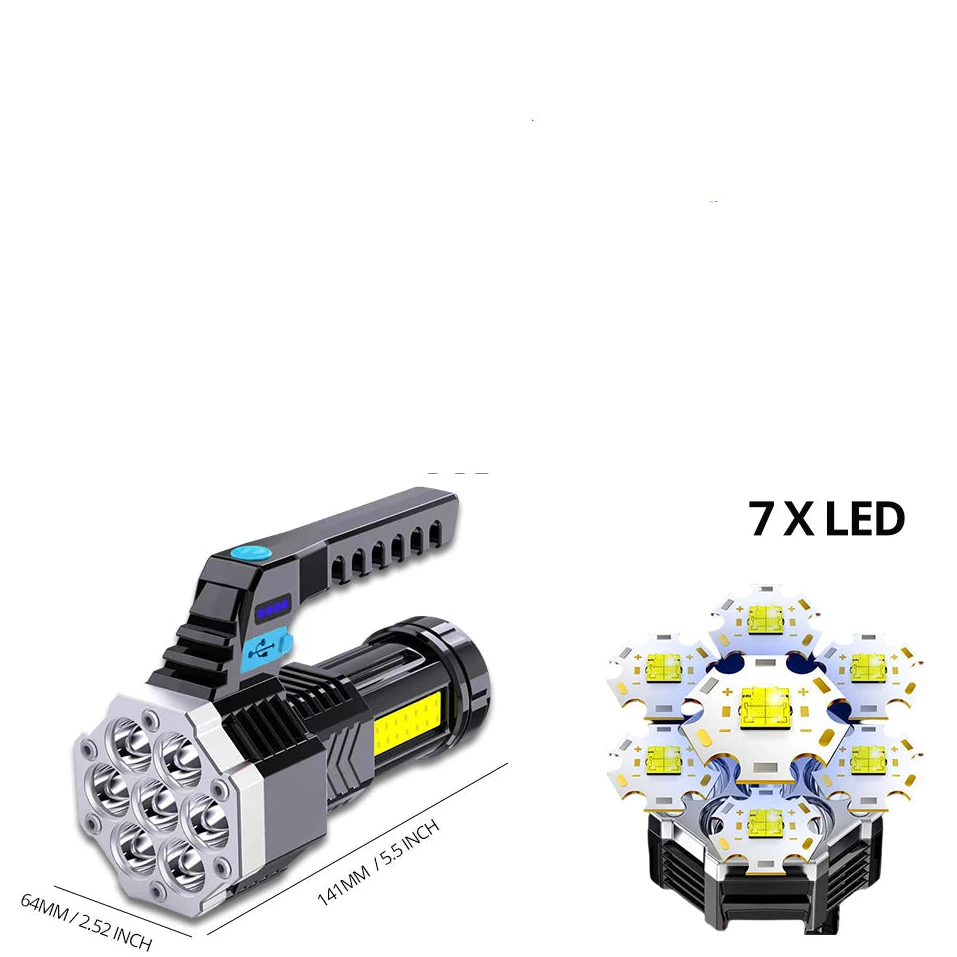 SHUSTAR High Power USB Rechargeable LED Flashlight 7 LED Torch with COB Side Light for Outdoors