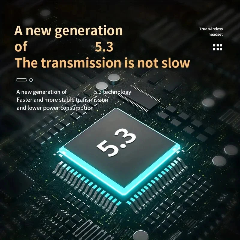 Close-up of Bluetooth 5.3 technology chip highlighting fast transmission for wireless headphones.