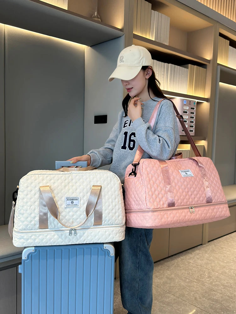 Lightweight Rhombic Lattice Travel Duffle Bag Carry-On Sports Fitness Gym Portable Weekender Bag