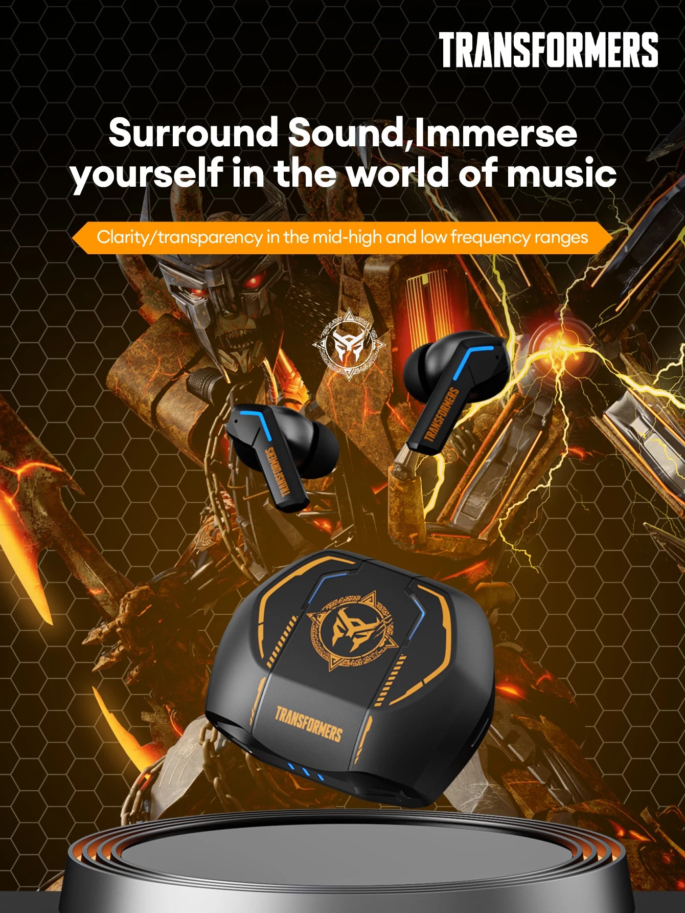 Transformers TF-T06 Bluetooth earbuds with a stylish charging case, showcasing immersive sound and noise reduction features.