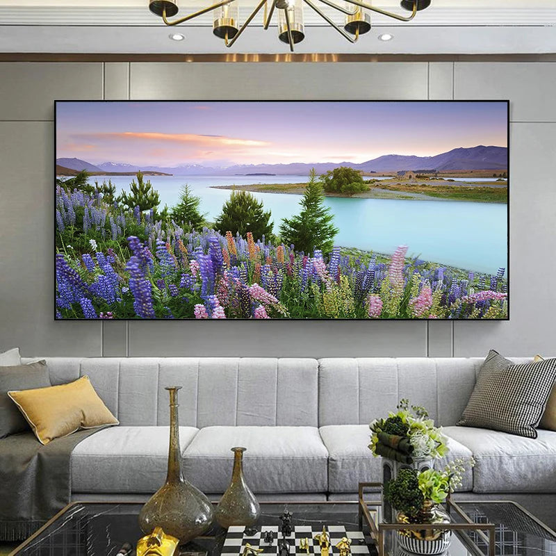 Lake Tekapo New Zealand Canvas Wall Art Lupin Flower Mountain Landscape Posters Prints Home Decor