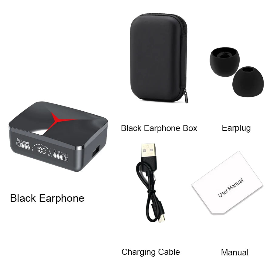 TWS M90 wireless earbuds set including charging cable, earplugs, black earphone box, and user manual.