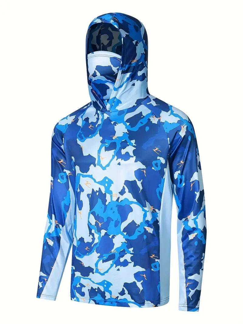 Men Hooded Fishing Shirt Outdoor Summer Mask Hoodie UV Sun Protection Quick-Dry Performance Jersey