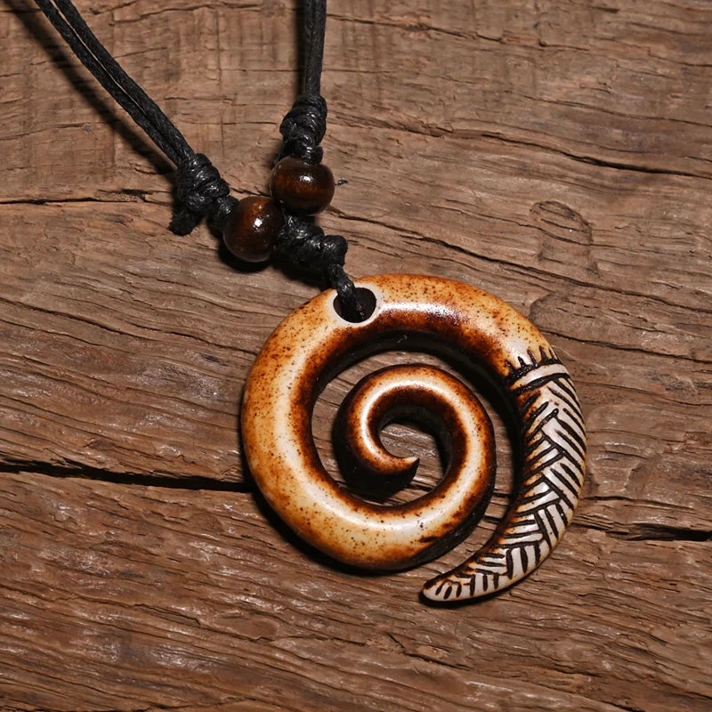 NZ Maori Spiral Koru Pendant Necklace Tribal Resin Choker Adjustable Rope Unisex Vintage Amulet