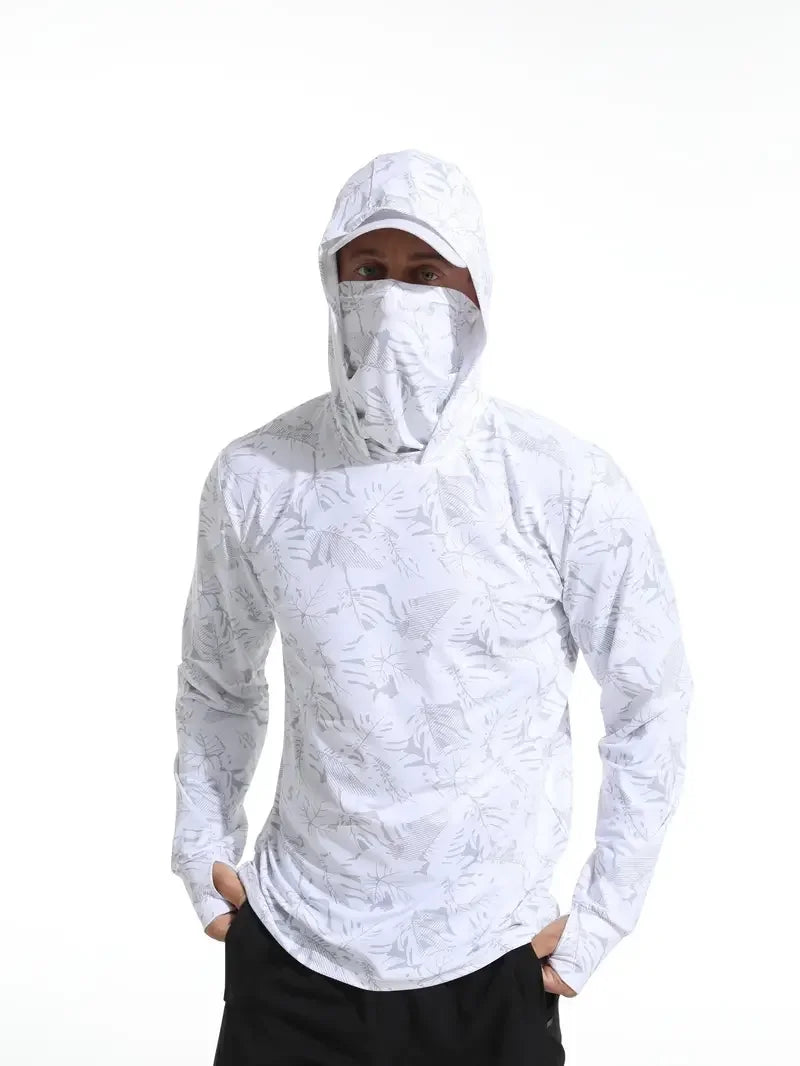 Men Hooded Fishing Shirt Outdoor Summer Mask Hoodie UV Sun Protection Quick-Dry Performance Jersey