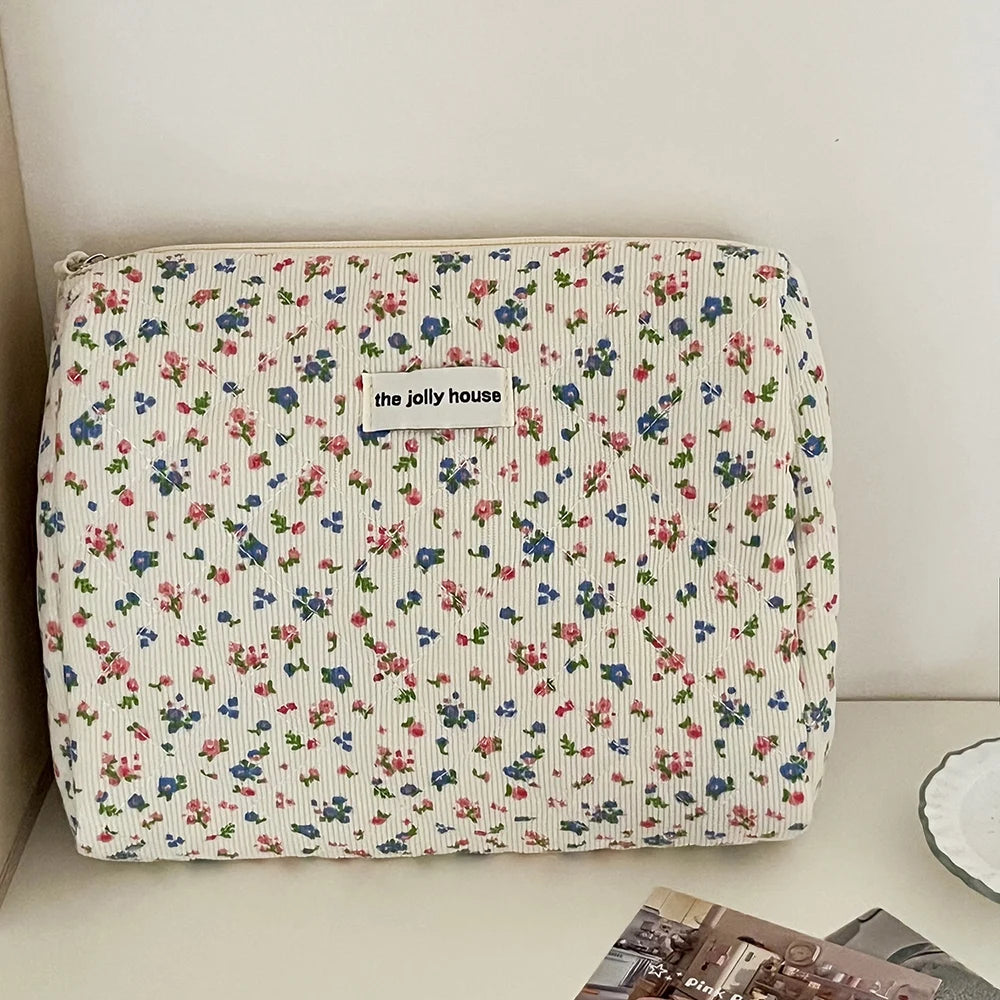 Vintage Floral Women Makeup Bag – Cotton Tote, Quilted Travel Organizer with Zipper Closure