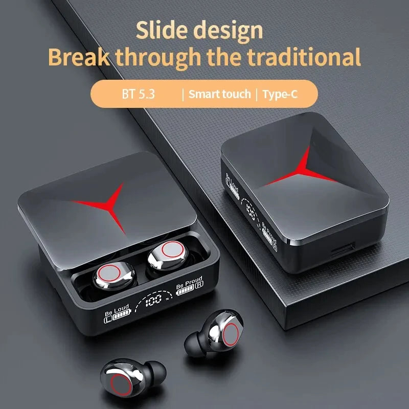 TWS M90 wireless earbuds with sliding design, Bluetooth 5.3, and Type-C charging, perfect for gaming and music.