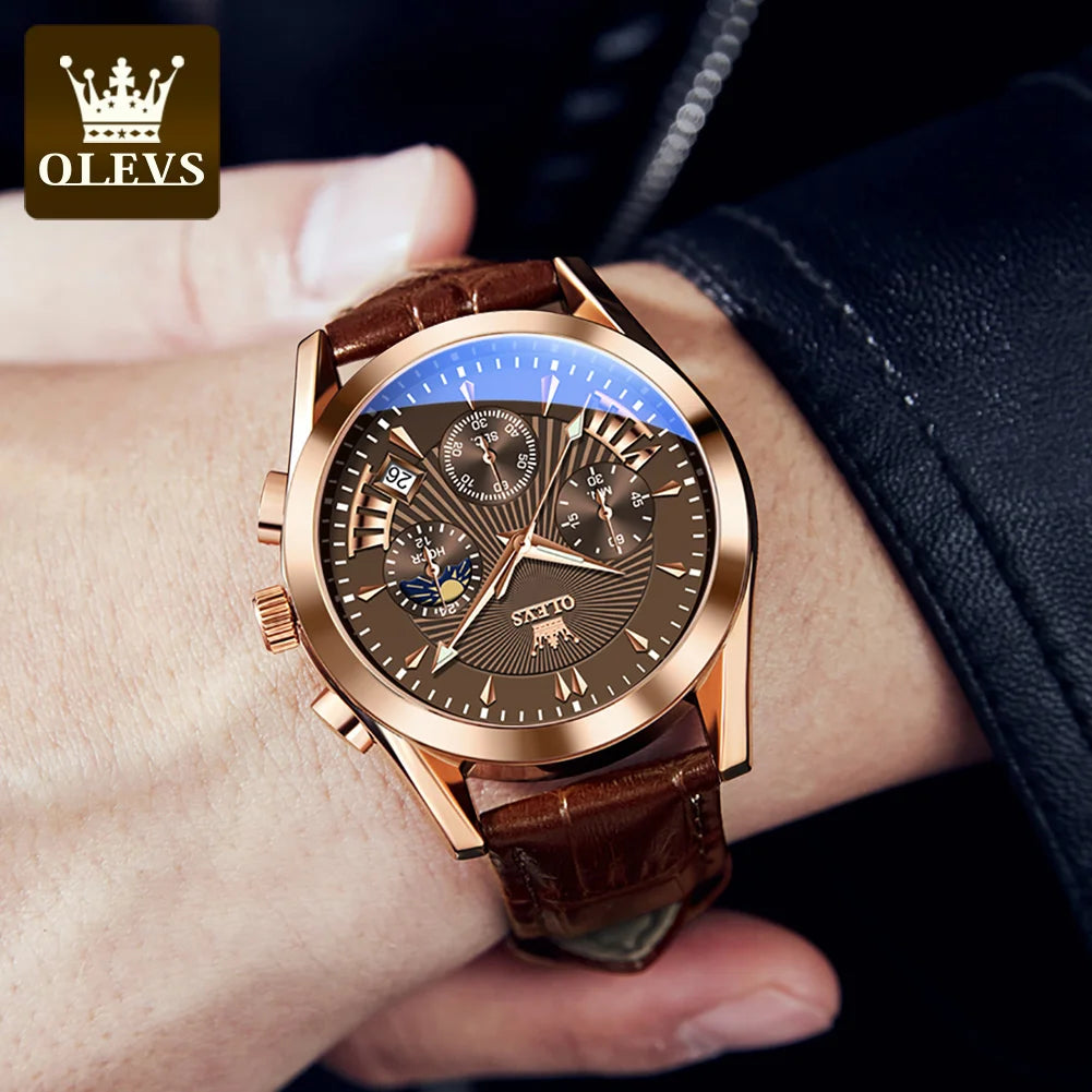 OLEVS Luxury Men’s Quartz Watch Waterproof Chronograph Wristwatch with Leather Strap for Business