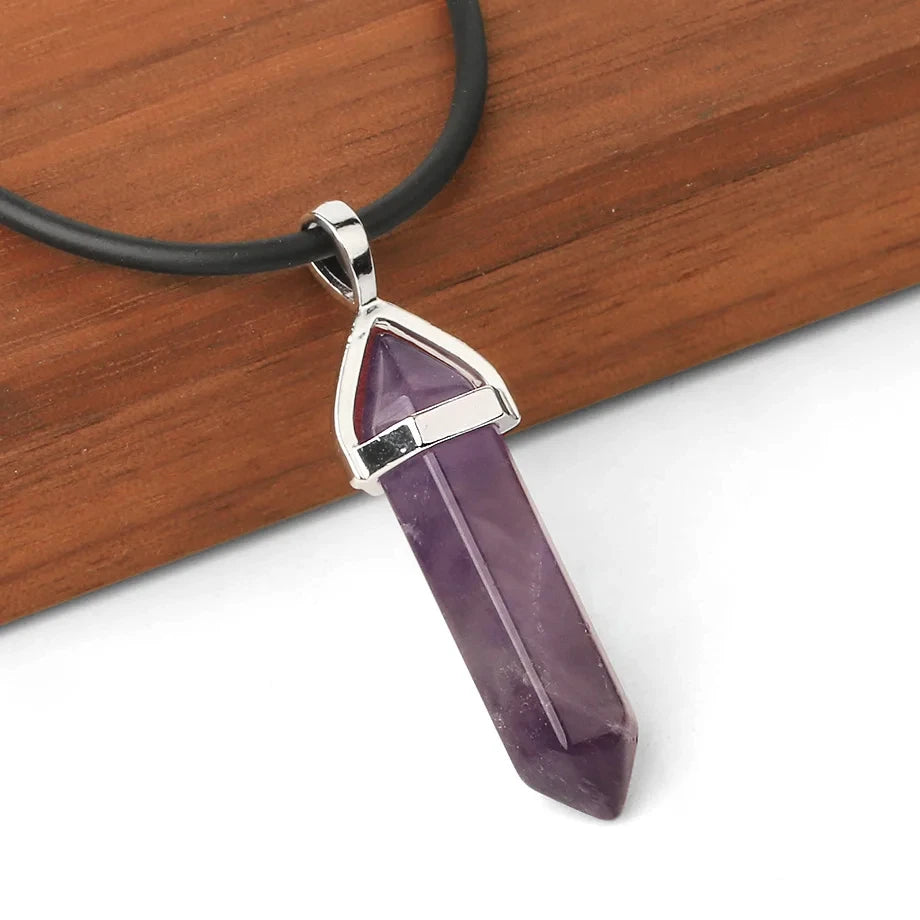 Natural Gemstone Hexagonal Bullet Necklace Quartz Crystal Pendant Chakra Healing Reiki Jewellery