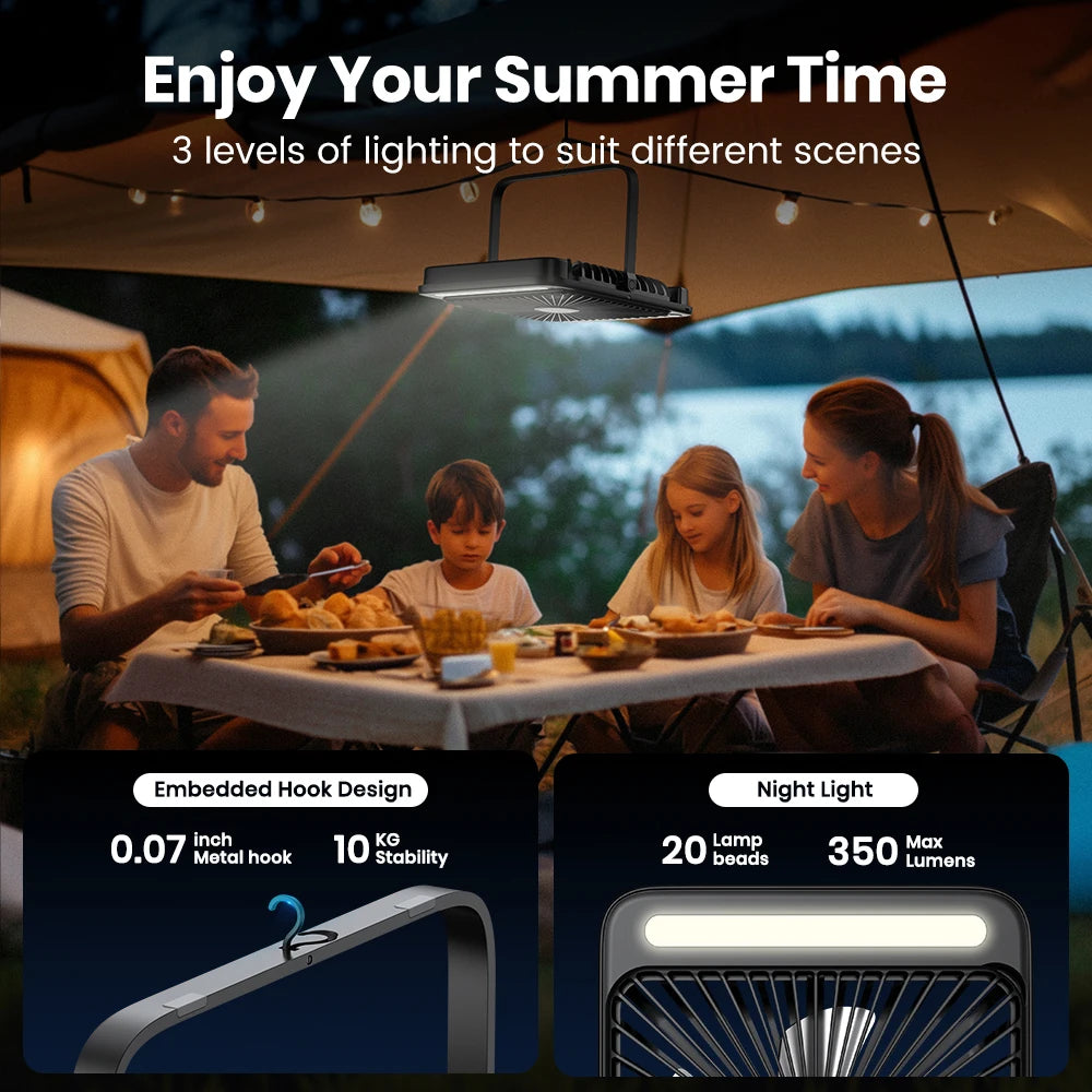 WARMCO D4 Portable Desk & Camping Fan – 20000mAh Rechargeable, Silent, LED Light, 48H Runtime