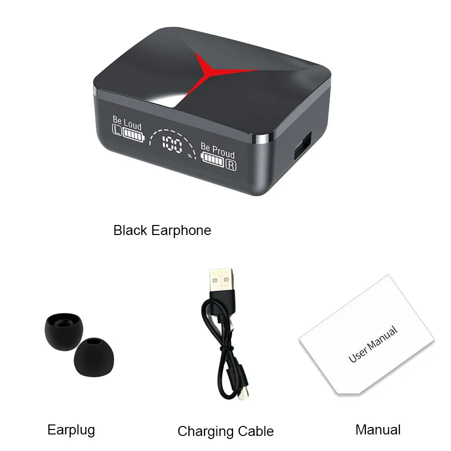 TWS M90 wireless headphones with charging cable, user manual, earplugs, and sleek black design.