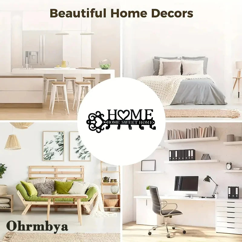 HOME SWEET HOME Metal Wall Hanger with 5 Hooks – Decorative Key, Coat & Towel Rack for Modern Homes