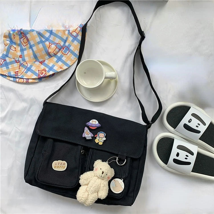 Cute Canvas Shoulder Bag for Women – Harajuku Crossbody Messenger Pouch, Casual Small Bag for Girls