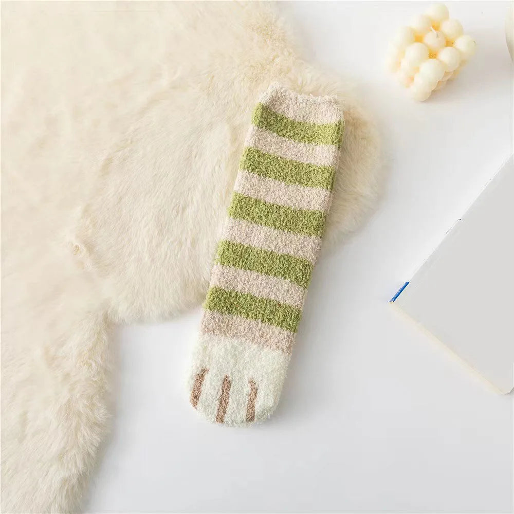 Autumn Winter Coral Velvet Cat Claw Socks – Warm Middle Tube Sleep & Floor Socks for Women Girls