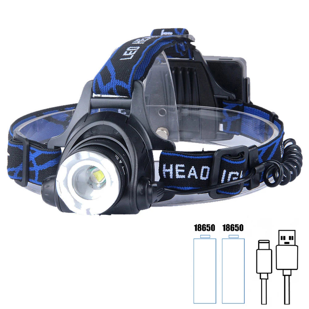 SUPER BRIGHT 10000 LUMEN LED HEADLAMP USB RECHARGEABLE ZOOMABLE WATERPROOF FOR CAMPING HIKING