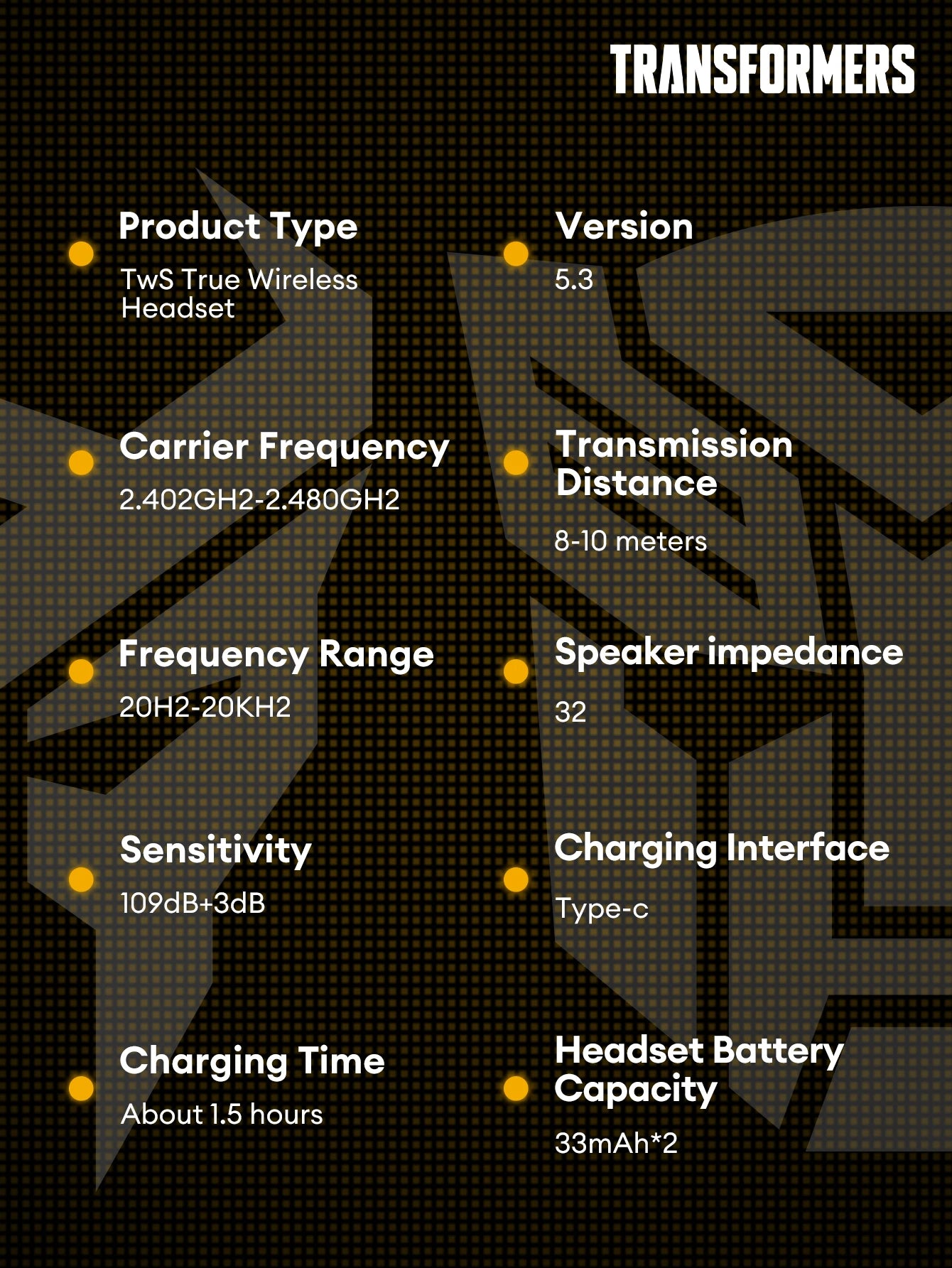 Specifications of Transformers TF-T06 Bluetooth 5.3 Gaming Earbuds including version, frequency, and battery capacity.