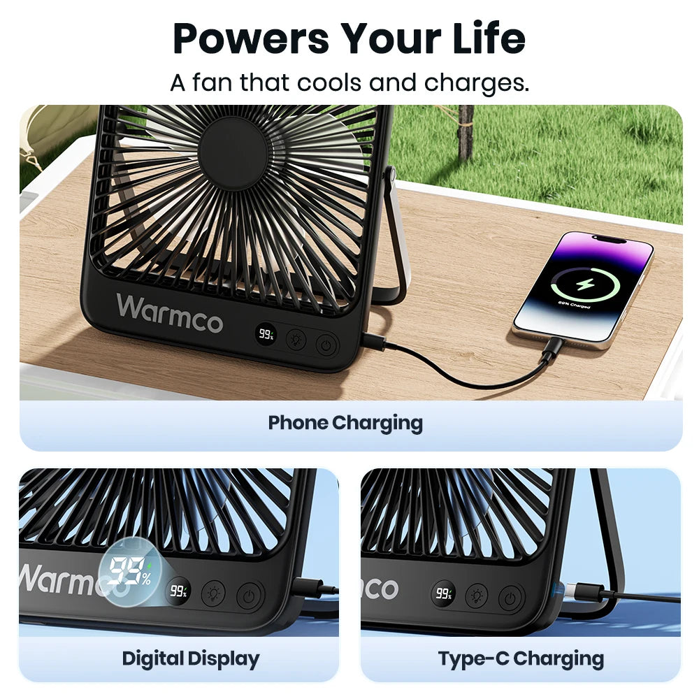 WARMCO D4 Portable Desk & Camping Fan – 20000mAh Rechargeable, Silent, LED Light, 48H Runtime