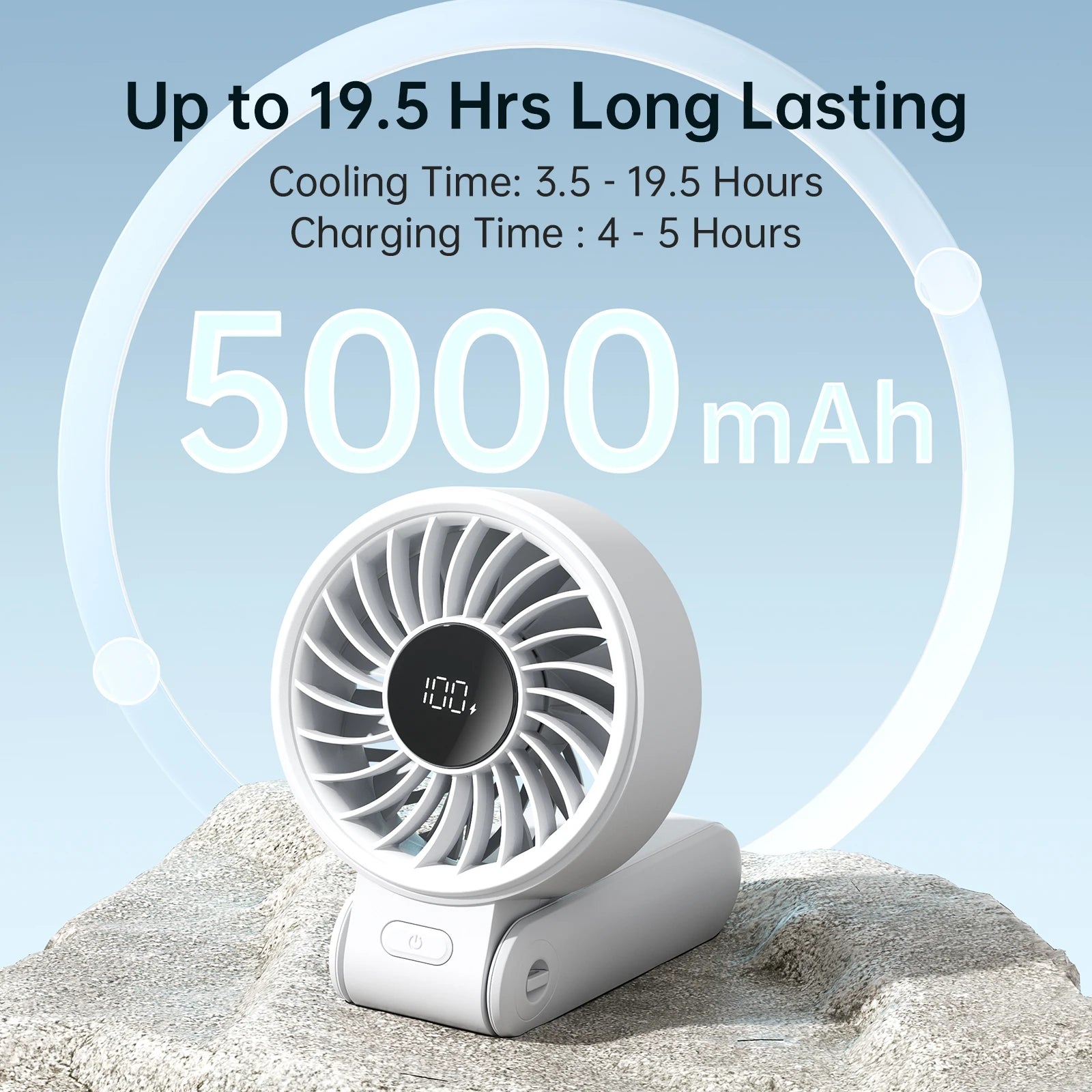 JISULIFE Portable Handheld Fan with LED Display, 5000mAh Battery, 5 Speed Modes, Foldable 3-in-1