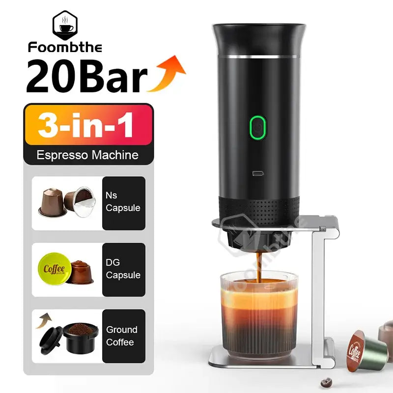 Portable 3-in-1 espresso coffee machine brewing coffee with NS and DG capsules.