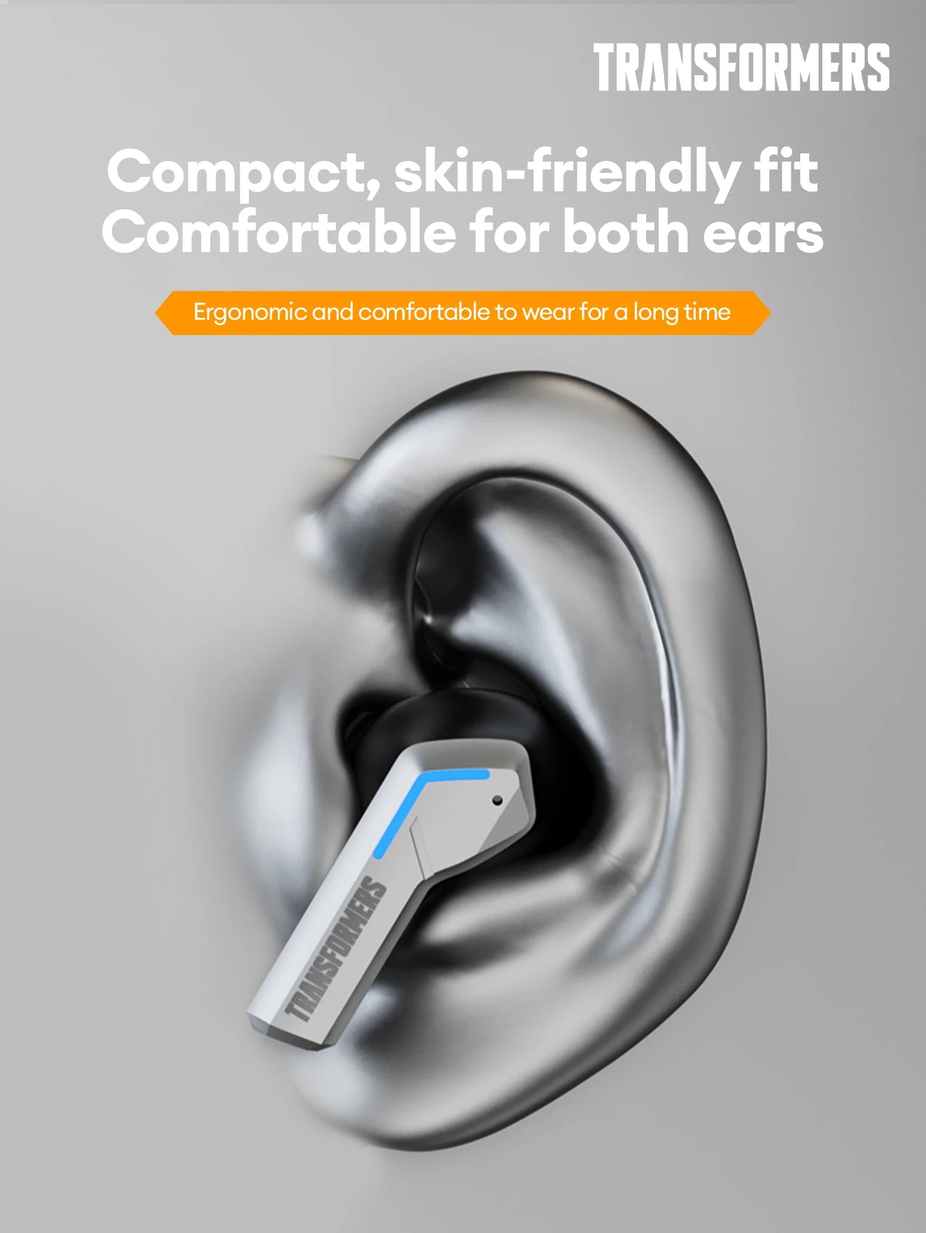 Transformers TF-T06 gaming earbuds shown in an ear, highlighting their compact and ergonomic design for comfort.
