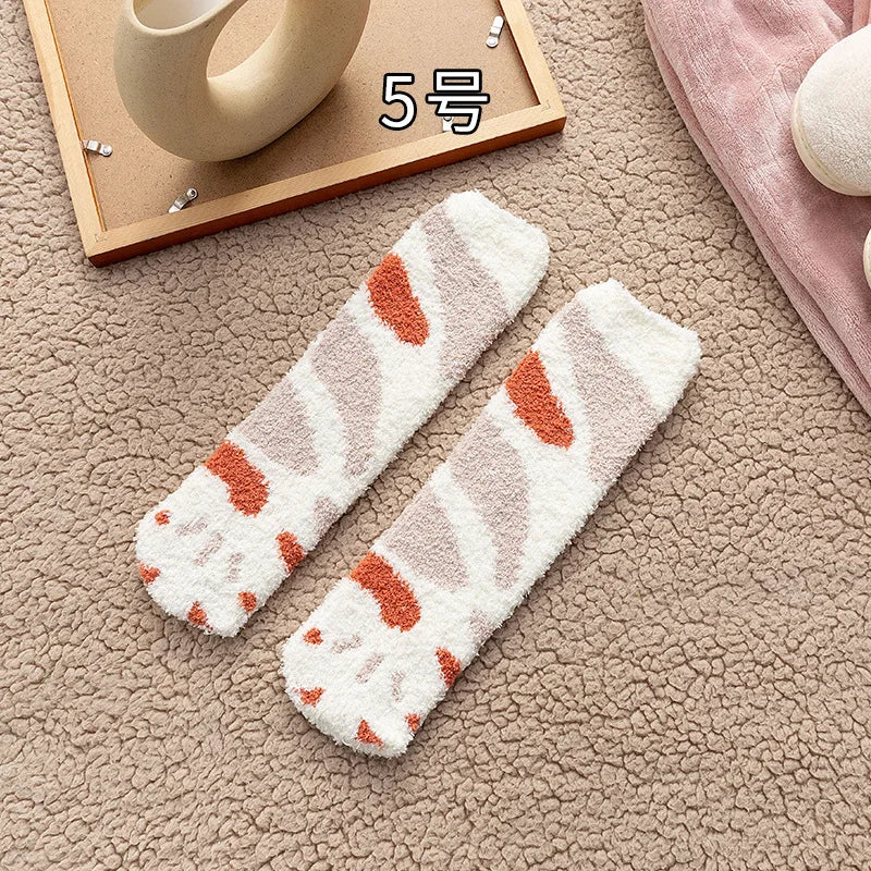 Autumn Winter Coral Velvet Cat Claw Socks – Warm Middle Tube Sleep & Floor Socks for Women Girls