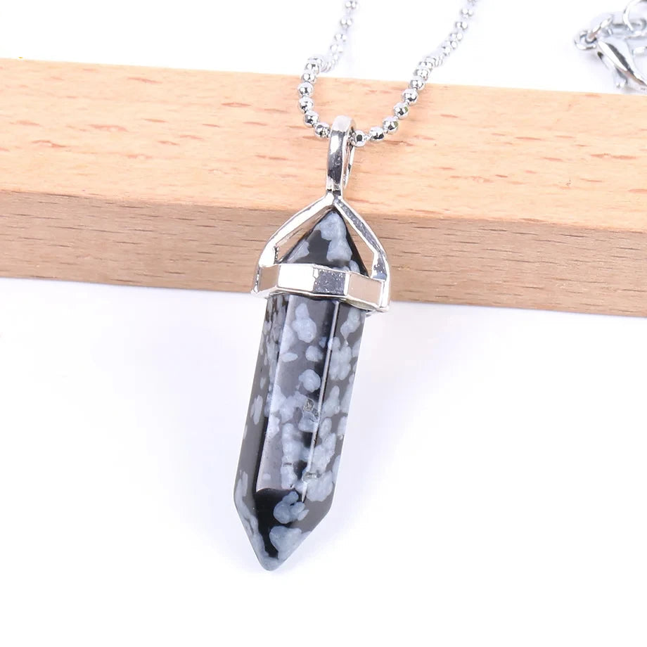 Natural Gemstone Hexagonal Bullet Necklace Quartz Crystal Pendant Chakra Healing Reiki Jewellery