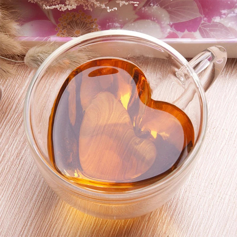 Heart Love Shaped Double Glass Mug Heat Resistant Transparent Coffee Tea Cup Romantic Gift