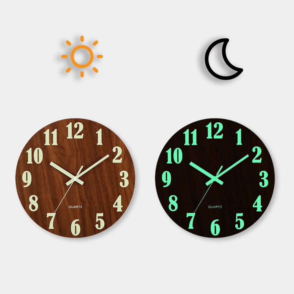 12 Inch Luminous Wooden Wall Clock Silent Non Ticking Nordic Style Night Light Modern Home Decor