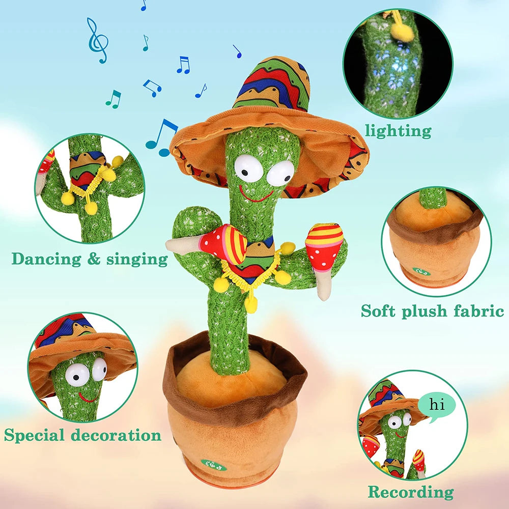 Talking Dancing Cactus Toy Repeats Speech USB Rechargeable Plush with Lights and Music