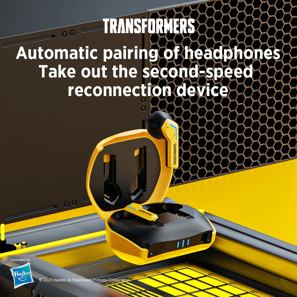 Transformers TF-T06 Bluetooth earbuds showcasing automatic pairing feature and sleek design on a tech background.
